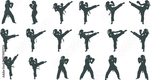 Female martial arts fighter silhouette illustration set, featuring woman in karate gi performing high kicks and boxing combat training stances.