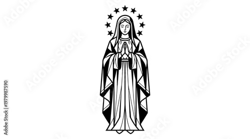 Black and White Virgin Mary Line Art Illustration - Our Lady of Grace Religious Vector Icon with Star Halo for Prayer and Devotion