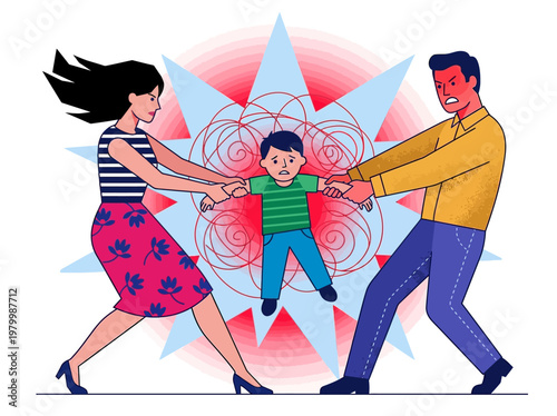 Child Custody Battle and Divorce Concept Illustration with Angry Parents Pulling a Sad Child Apart