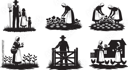 Traditional rural farming village life silhouette illustration set, featuring agricultural workers, peasants harvesting, gardening, livestock, and peasant family vector graphics.