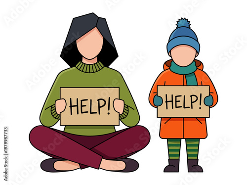 Homeless Mother and Child Holding Help Signs Vector Illustration