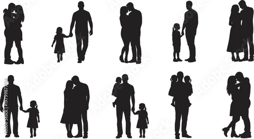 Silhouette vector set of romantic couples embracing, and loving fathers holding hands with young children, happy family bonding concept illustration