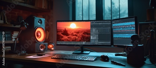 Elevate your creative workflow in a high-tech studio designed for professional video editing and sound design.