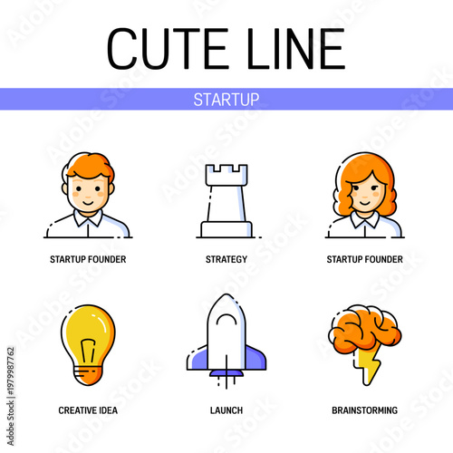 Startup related icon set contains elements of brainstorming, launching, creativity and more. Flat filled outline style. Pixel perfect. Editable stroke