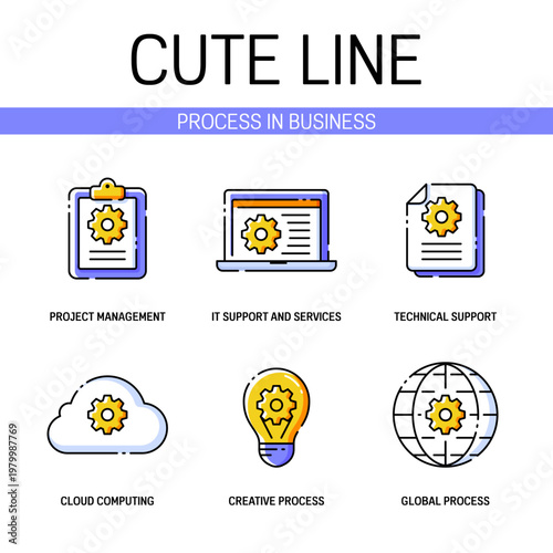 Business process related icon set contains elements of clipboard, laptop, cloud, globe and more. Flat filled outline style. Pixel perfect. Editable stroke