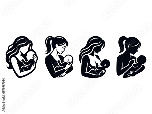 Set of Breastfeeding and Nursing Mother Silhouettes, Mother and Baby Bonding Icons for Maternity and Infant Care Branding