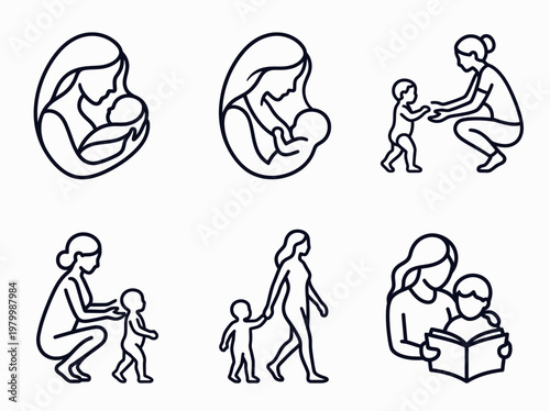 Motherhood and Parenting Line Icon Set - Minimalist Vector Graphics of Mother and Child Milestones, Breastfeeding, Reading, and Early Development
