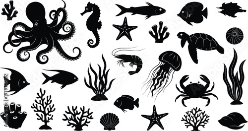 Marine life silhouette icons, ocean creature symbols, vector illustration, black design, minimal layout, underwater graphics, sea biodiversity