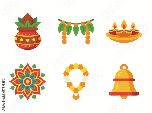 Set of Traditional Hindu Festival Icons and Cultural Symbols.
