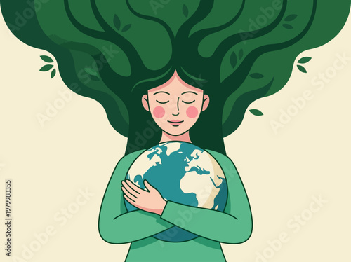 Mother Nature Illustration of Woman Embracing Earth with Tree Hair - Eco Friendly Sustainability Concept for Earth Day and Environmental Protection Design