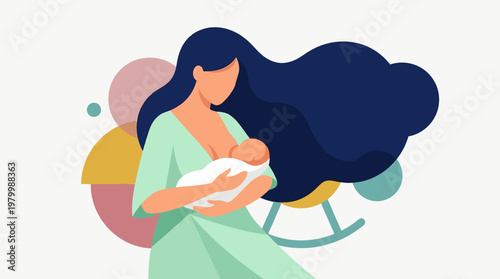 Minimalist Flat Vector Illustration of a Mother Breastfeeding Her Newborn Baby - Maternal Care and Bonding Concept