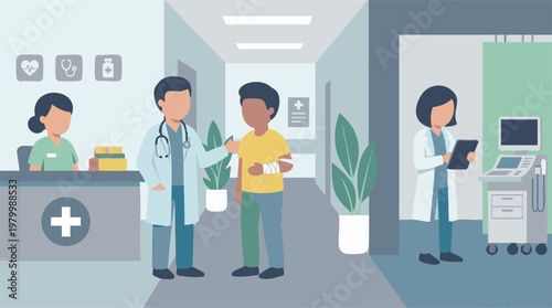 Doctor consulting child patient with bandaged arm at hospital reception