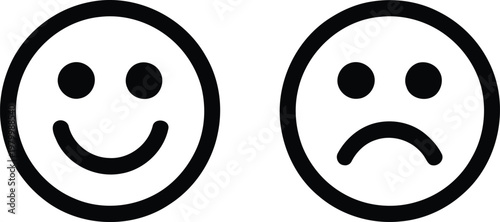 Two simple circular icons showing contrasting emotions of happiness and sadness side by side for communication