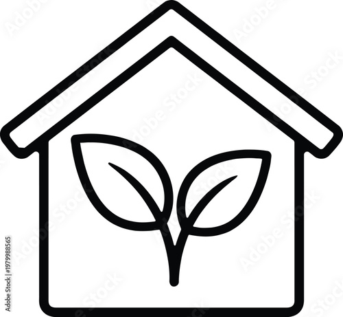 Greenhouse home with leaves inside, eco-friendly plant house outline symbol