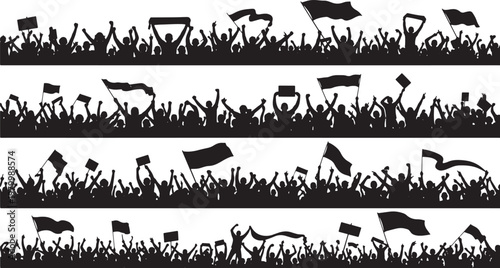 Vector art of black silhouettes of cheering crowds with flags