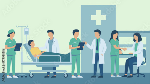 Medical staff caring for patient and consulting in hospital, flat design