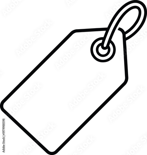 Minimalist black outline price tag with a hole for hanging in diagonal orientation