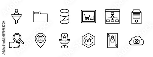 Minimalist seo and digital marketing icon collection with thin black outlines.