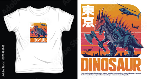 Cybernetic dinosaur warrior with battle axe in tokyo city sunset for futuristic apparel graphic print.
