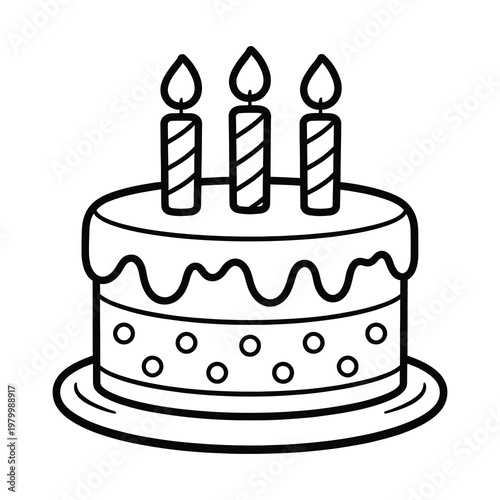 Sweet birthday cake with three burning candles for celebration and anniversary party