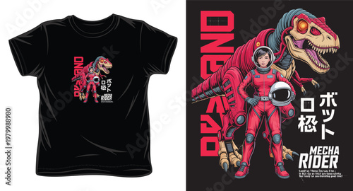 Japanese astronaut girl with robotic dinosaur, vector illustration art.