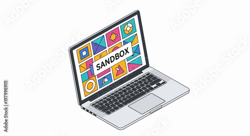 Isometric Laptop Displaying Sandbox Environment Concept for Cybersecurity and Software Development