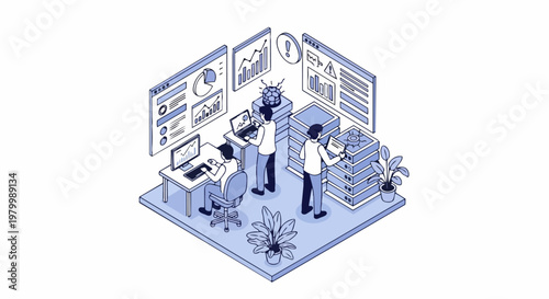 Isometric IT Infrastructure and Data Analysis Illustration of Professionals Working in a Modern Server Room Monitoring Performance Charts