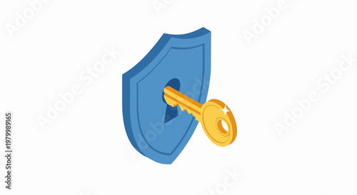 Isometric Blue Shield and Gold Key Concept Representing Cybersecurity, Data Privacy, and Secure Access Solutions