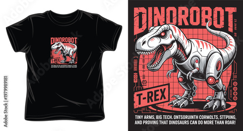 Cybernetic t-rex dinosaur robot t-shirt design on black background.
