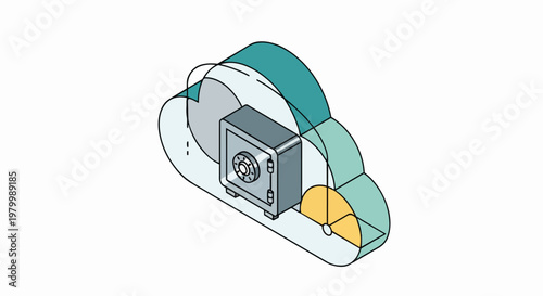 Isometric Cloud Security Concept: Bank Vault Safe Inside a Cloud for Secure Data Storage and Digital Privacy Protection