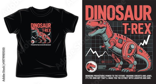 Dinosaur t-rex vector illustration, robotic prehistoric animal with evolving graph background.