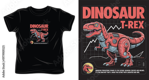 Dinosaur t-rex vector illustration, robotic prehistoric animal with graph data and text background.