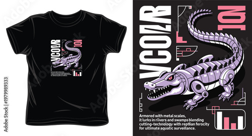 Armored robotic alligator with metal scales and neon accents, futuristic surveillance theme.