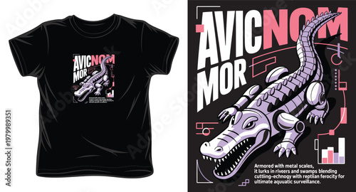 Avicnom mor vector illustration, armored crocodile with metal scales and surveillance features.