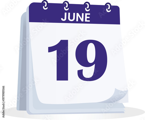 June 19 Calendar Icon with Purple Desk Flip Design, Minimal Date Reminder Illustration for Schedule Planning, Event Organizer Concept, Clean Modern Vector Style