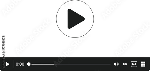 Minimalist video player interface featuring a circular start button and standard control bar for media playback
