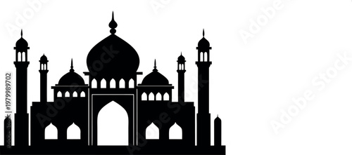 Black silhouette of a mosque with domes and minarets isolated on white background