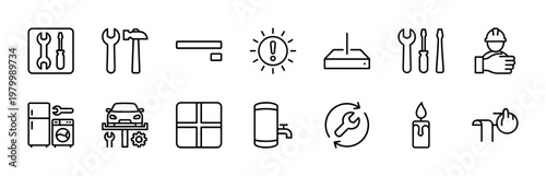 Minimalist repair and technical maintenance line icon set for service and hardware fix.