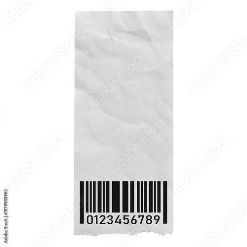 White crumpled receipt with a barcode and numbers 0123456789 on a white background paper texture