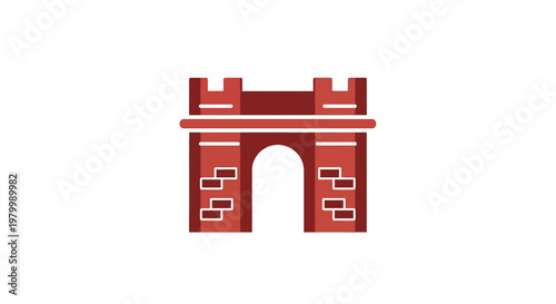 Red castle gate with white details.