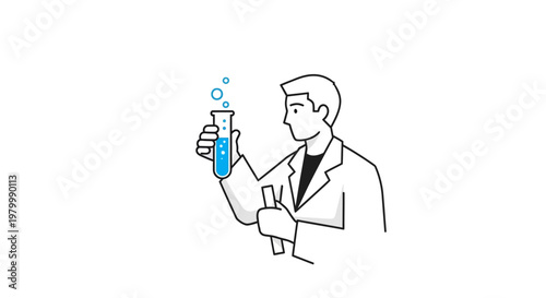 Scientist in lab coat holding beaker.