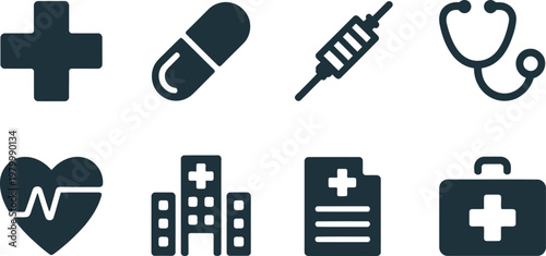 Essential medical and healthcare symbols featuring icons for hospital care and treatment in clinical practice settings