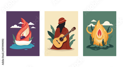 Bohemian aesthetic posters set of 3 vector illustrations, minimalist flat art with guitar player and abstract nature shapes, earthy color palette