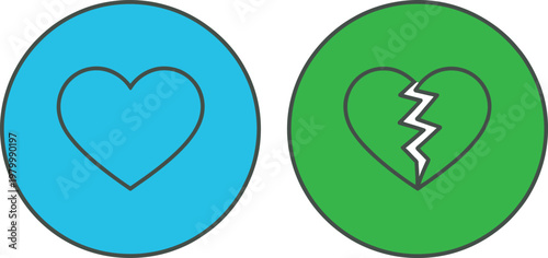 Blue circle with a whole heart icon next to a green circle with broken heart symbol