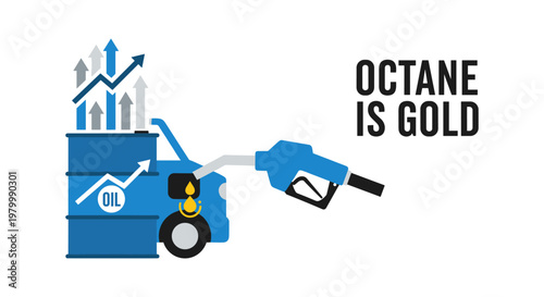 Blue fuel pump nozzle on blue gas pump with rising graph in bright colorful lighting for finance and business