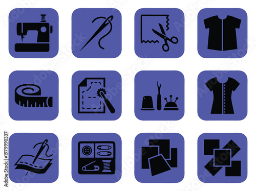 Set of Twelve Sewing and Tailoring Related Icons.