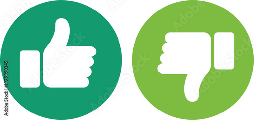 Green circle thumbs up and thumbs down icons for evaluating user feedback and customer satisfaction ratings
