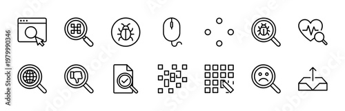 Minimalist search and data analysis outline icon set for business interface