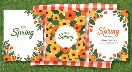 Spring floral greeting cards set, orange and yellow flower design templates, botanical spring stationery collection with picnic blanket on grass