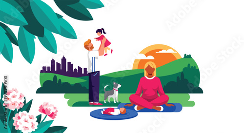 Healthy family lifestyle vector illustration, happy parents with children and dog in city park, mother practicing yoga meditation at sunset